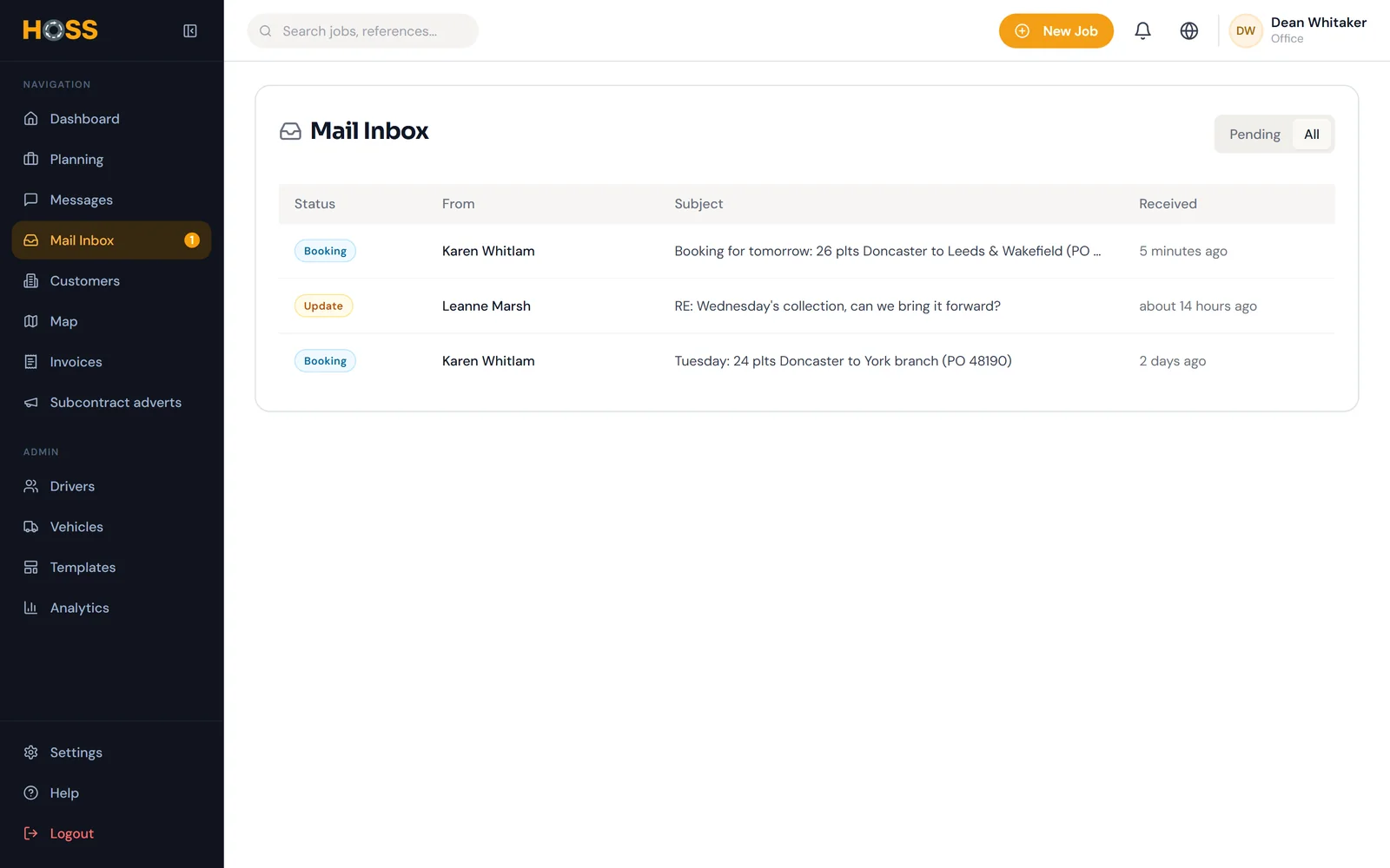 The HOSS mail inbox with incoming bookings.