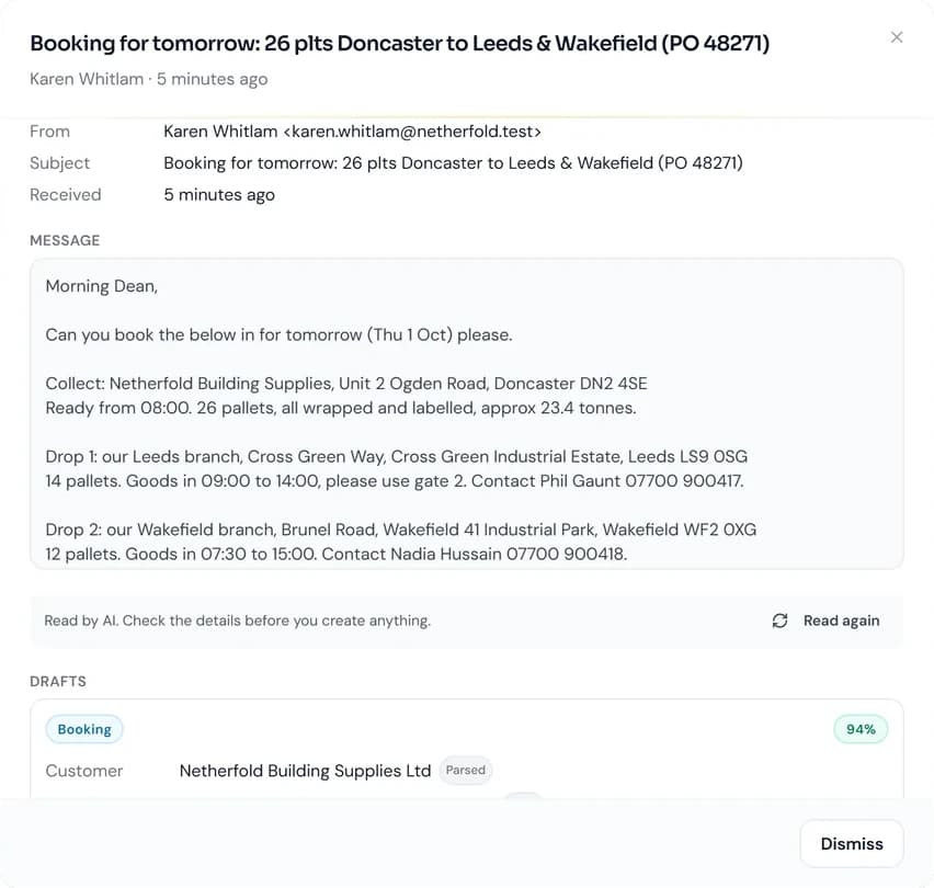 A booking email opened in HOSS and read by AI, with a draft ready to check.