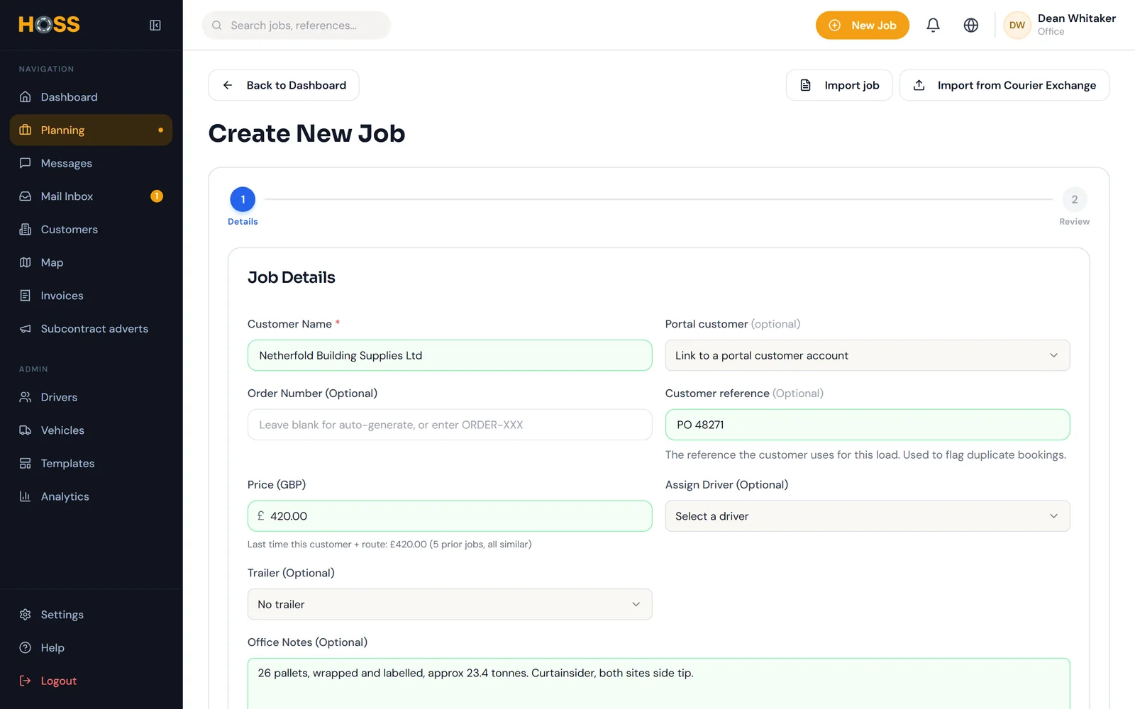 The new job form filled from a booking email.