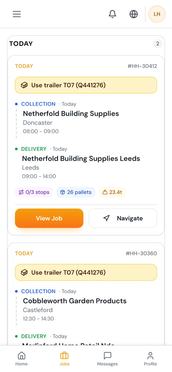 The HOSS driver app showing today’s jobs.