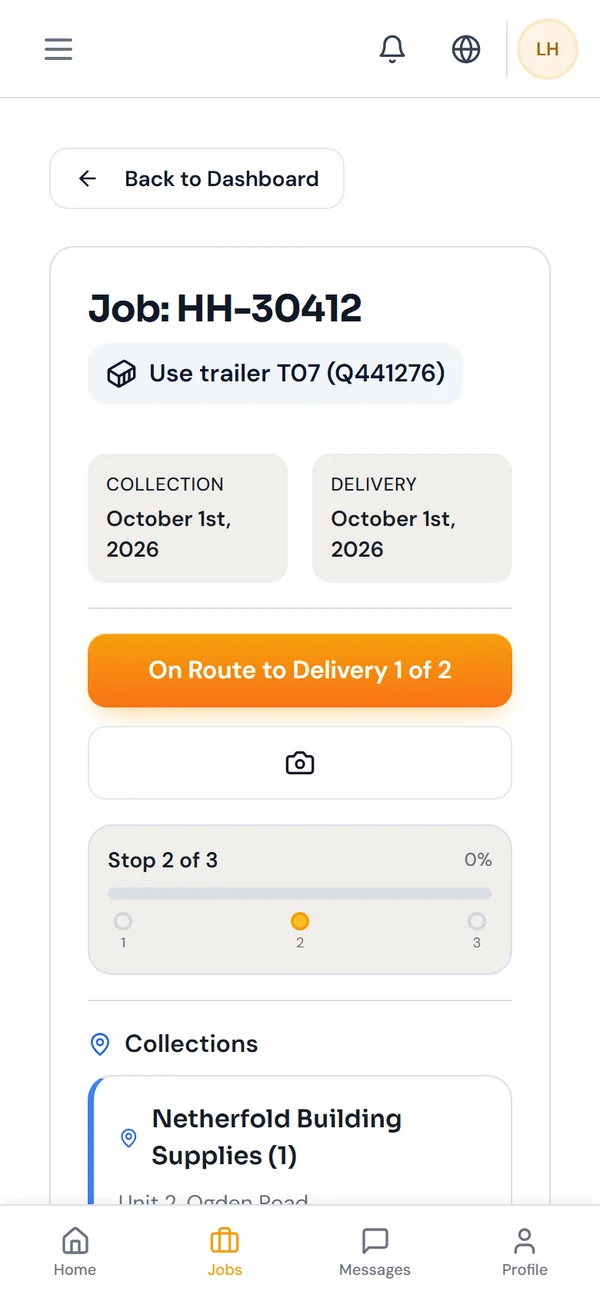 The HOSS driver app at a collection stop.