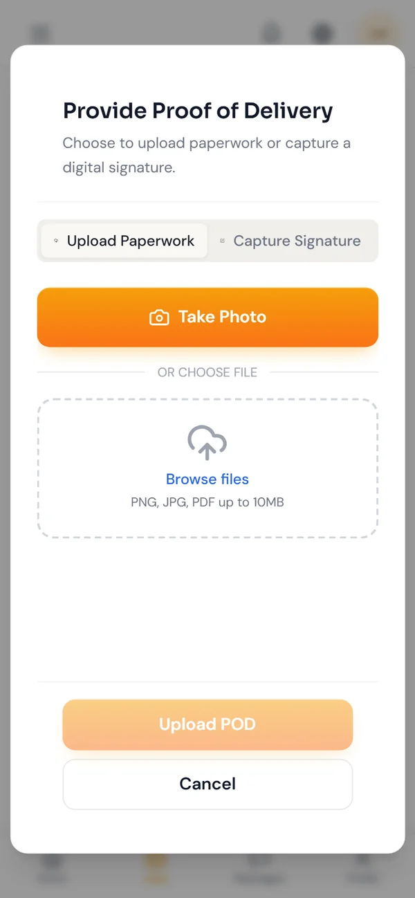 The driver app’s proof of delivery screen.