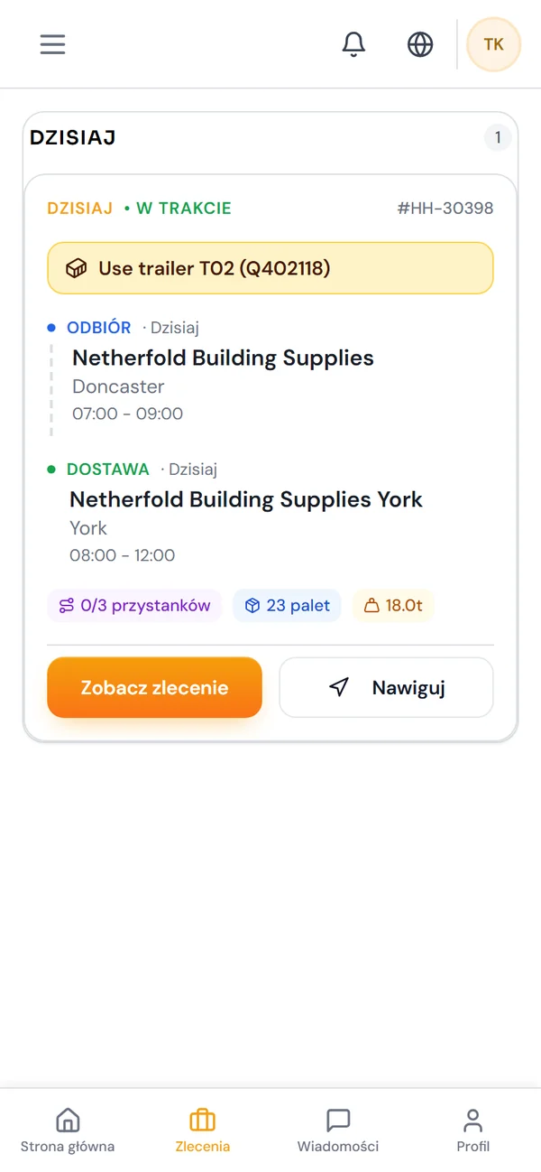 The driver app in Polish.