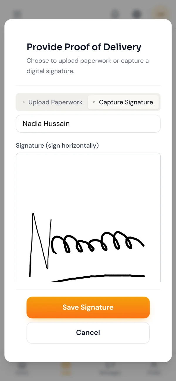 A signature captured in the driver app.