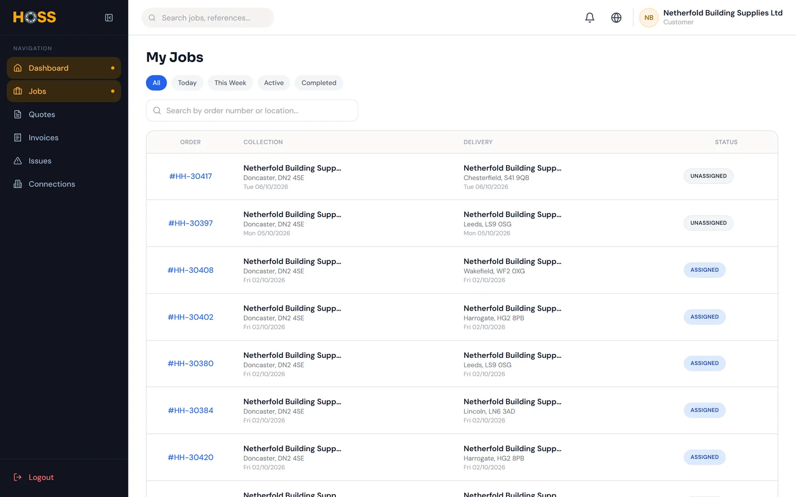 A customer’s jobs in the HOSS customer portal.