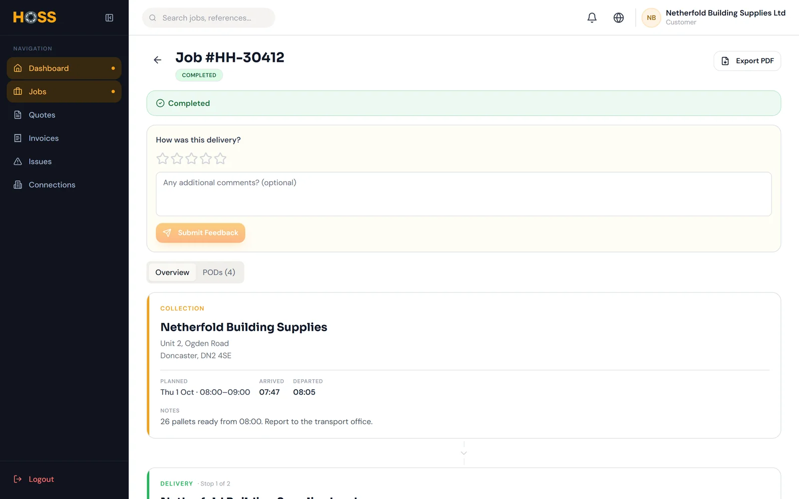 A job with its PODs in the HOSS customer portal.