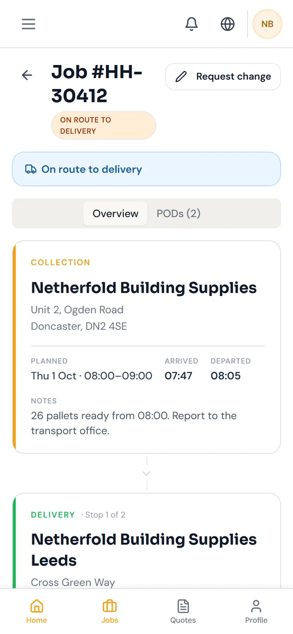 A job in transit in the customer portal on a phone.