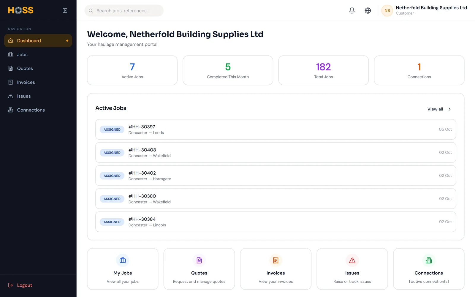 The customer portal home page.