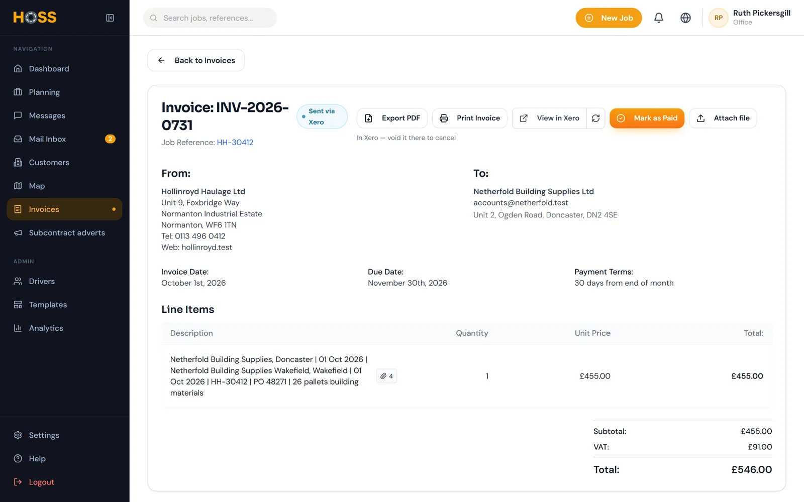 An invoice in HOSS, sent via Xero, with its PODs.