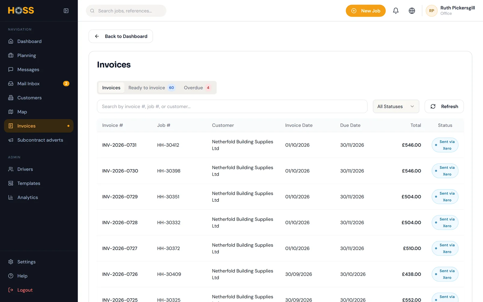 The invoices list in HOSS.
