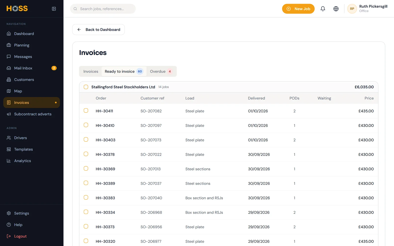 The ready-to-invoice list in HOSS.