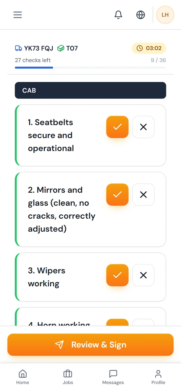 A daily walkaround check in the HOSS driver app.